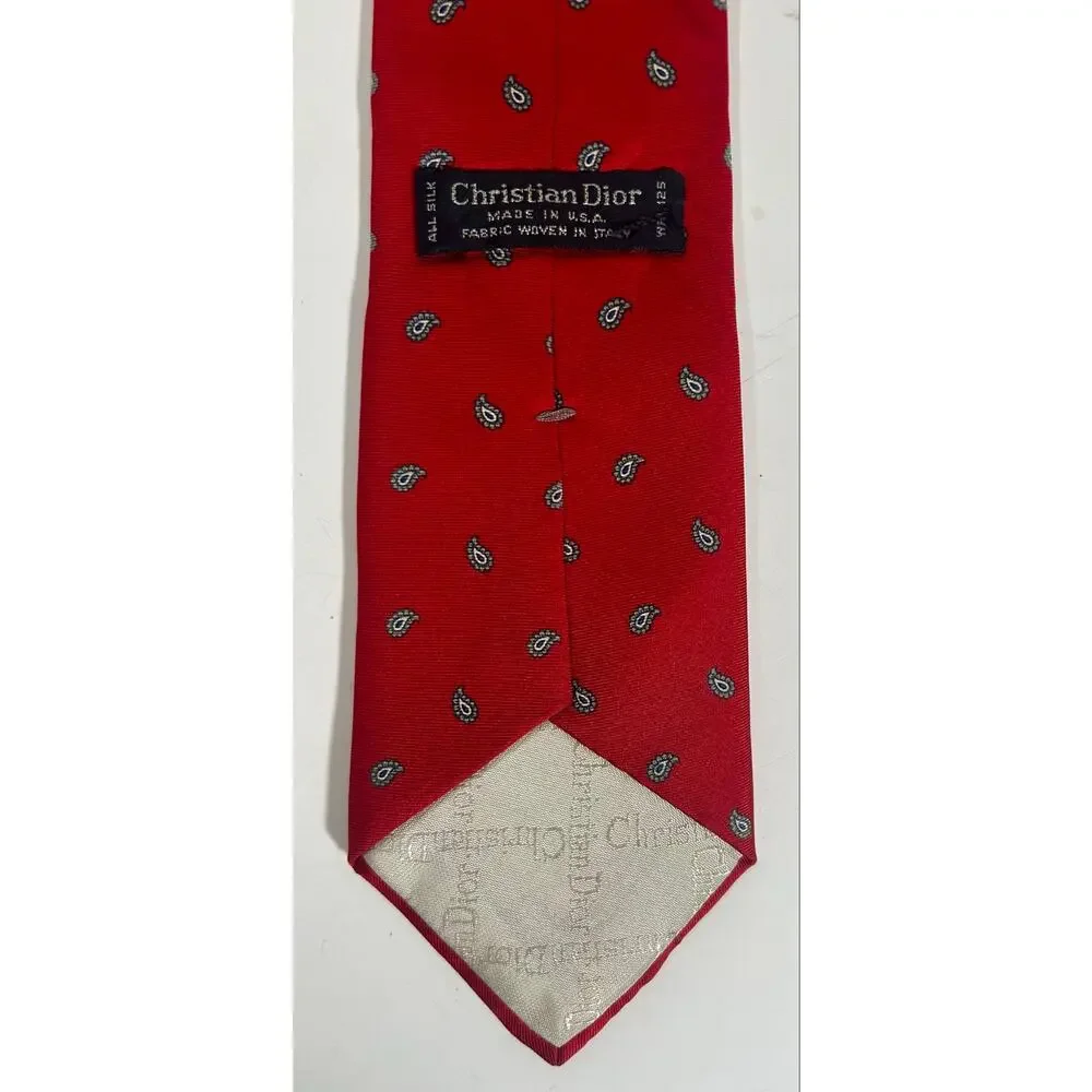 Vintage Christian Dior Red 100% Silk Paisley Neck Tie Made In USA Italian Fabric